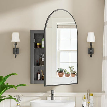 Recessed Medicine Cabinet for Bathroom,Brushed Black Arched Medicine Cabinet with Mirror,Arch Mirrored Medicine Cabinets Recessed,Bathroom Mirror with Storage,Open from Left to Right 20x30