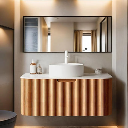 36 inch Bathroom Vanity with Sink, Floating Cabinet with Ultra-Thin Ceramic Basin and Marble Top, Large Storage Drawer, Soft-Close Design, Nature Wood
