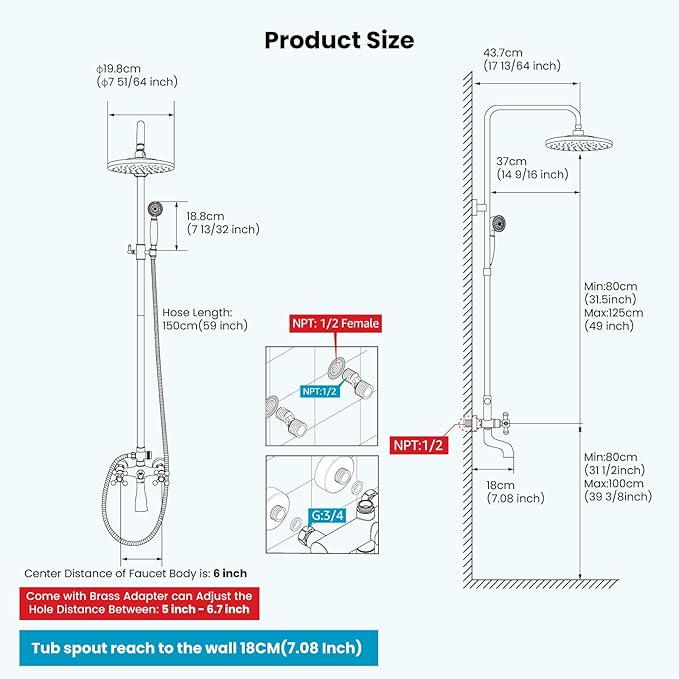 gotonovo Exposed Bathroom Shower Faucet Wall Mounted Shower System 8 Inch Shower Head and Tub Spout Double Cross Handles Adjustable Handheld Sprayer Straight Pipe Matte Black