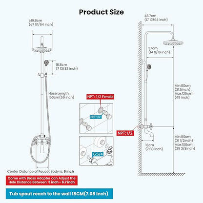 gotonovo Exposed Bathroom Shower Faucet Wall Mounted Shower System 8 Inch Shower Head and Tub Spout Double Cross Handles Adjustable Handheld Sprayer Straight Pipe Matte Black