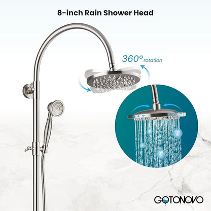 gotonovo Exposed Shower Faucet with Spout Brushed Nickel,Curved Pipe | Brass Bathroom Exposed Shower System,8’’ Rain Head,Swivel Tub Spout 2 Cross Handle,Adjustable Handheld Sprayer,Wall Mount