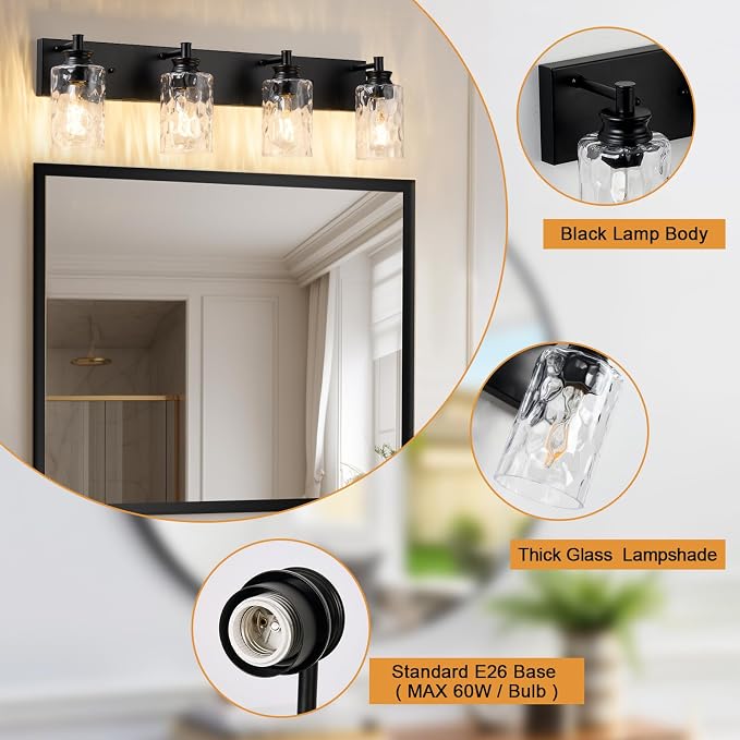 4 Light Bathroom Vanity Light Modern Black Bathroom Light Fixtures Over Mirror with Hammered Glass Lampshade for Kitchen Hallway