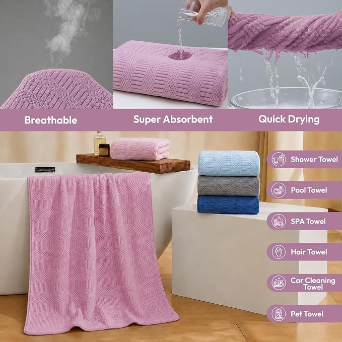 JML Microfiber Bath Towels, 2 Pack, 27x55 in, Purple | Soft, Super Absorbent, Quick Dry, Lint-Free, Lightweight Bathroom Towel with Hanging Loop for Daily Use