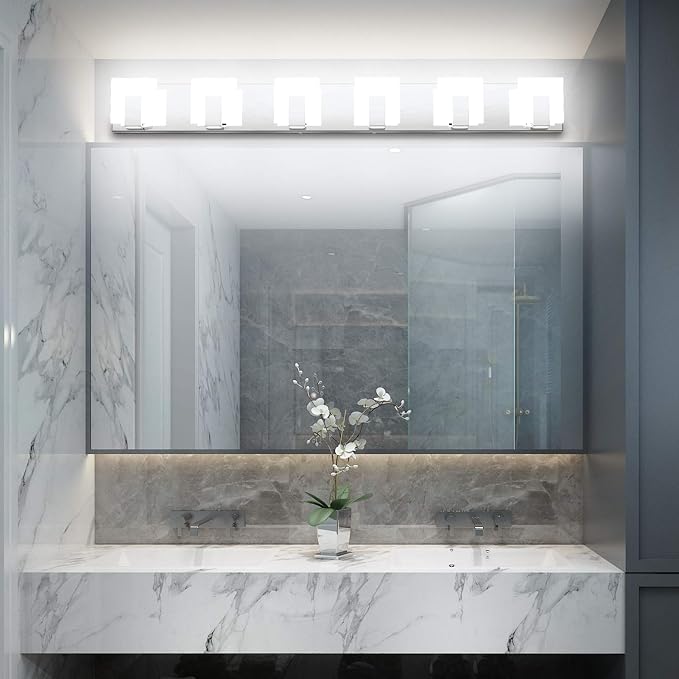 Aipsun 6 Lights Modern LED Bathroom Vanity Light Acrylic Stainless Steel Chrome Up and Down Bathroom Wall Light Over Mirror(White Light 6000K)