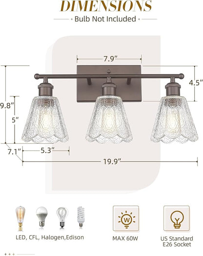 3-Light Bathroom Light Fixtures, HWH Farmhouse Sconce Wall Lighting for Mirror, Modern Wall Sconces with Clear Floral Glass, Oil-Rubbed Bronze Finish, 5HJX110B-3W ORB