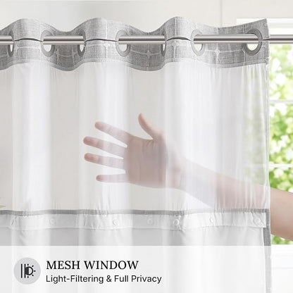 River Dream Farmhouse No Hooks Shower Curtain with Snap-in Liner,Grey,71x86 | Snap on Fabric Liner,Heavy Duty,Quick Dry,Mesh Top Window,With Bottom Magnets,Washable,with Tassels,Extra Long Size