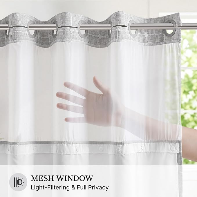 River Dream Farmhouse No Hooks Shower Curtain with Snap-in Liner,Grey,71x74 | Snap on Fabric Liner,Heavy Duty,Quick Dry,Mesh Top,With Bottom Magnets,Washable,with Tassels,Standard Size