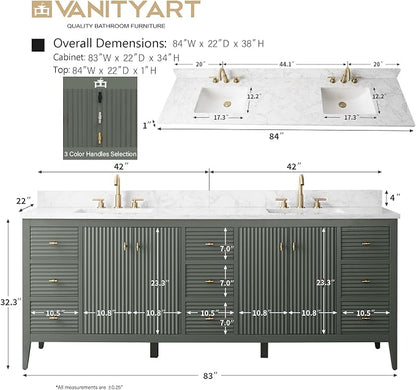 Vanity Art 84 inch Bathroom Vanity with Double Sink & Ceramic Top, Vanity Cabinet with Soft-Closing Door, Solid Wood Frame, Linear Pattern, Walnut, Golden Brushed Handware,Vintage Green
