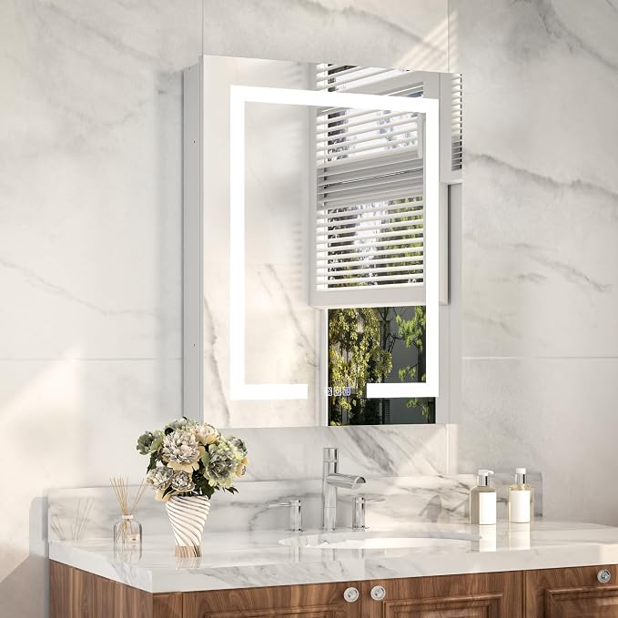 LED Bathroom Medicine Cabinet with Mirror, 24"x30" Anti-Fog Smart Mirror Cabinet, UPVC Waterproof Vanity Cabinet Recessed/Surface, Adjustable Shelves, 3-Color Dimmable, Motion Sensor, DTC Left Hinges