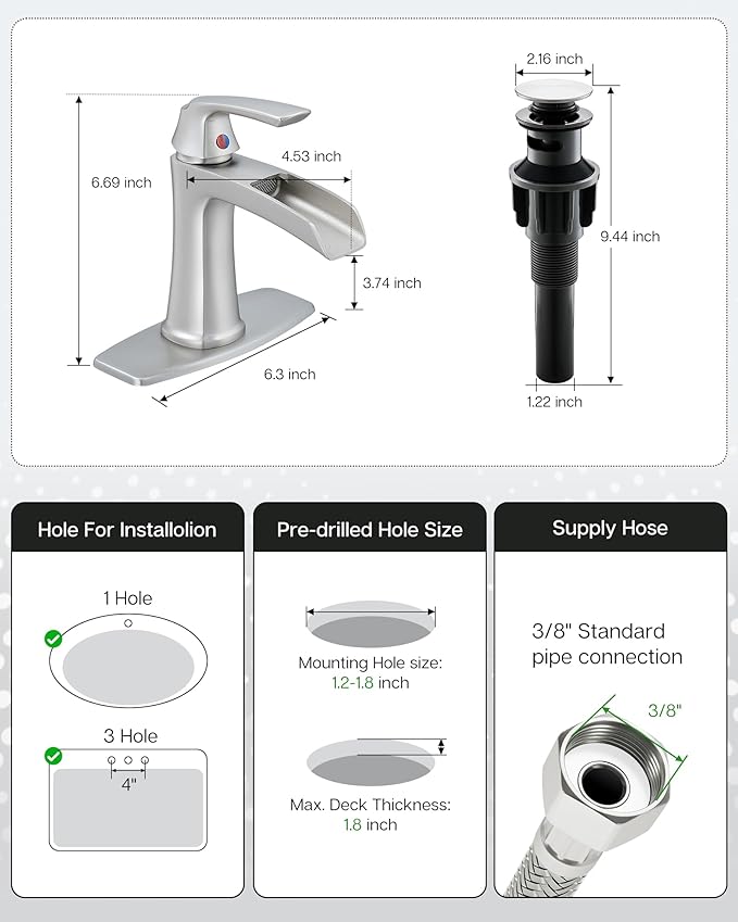 Fapully Bathroom Faucets Brushed Nickel, Modern Waterfall Bathroom Sink Faucet with Single Handle for 1 or 3 Holes, Vanity Faucet with Deck Plate and Drain