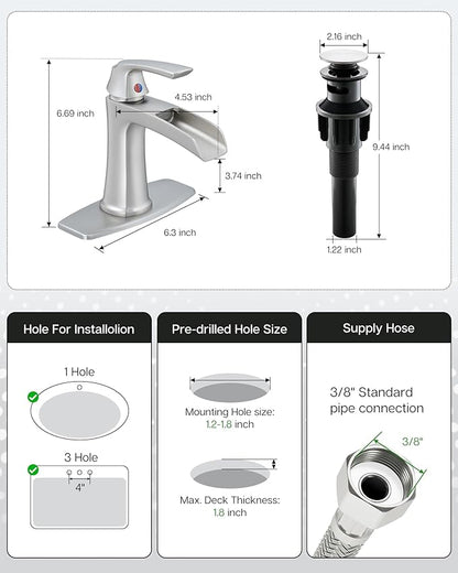Fapully Bathroom Faucets Brushed Nickel, Modern Waterfall Bathroom Sink Faucet with Single Handle for 1 or 3 Holes, Vanity Faucet with Deck Plate and Drain