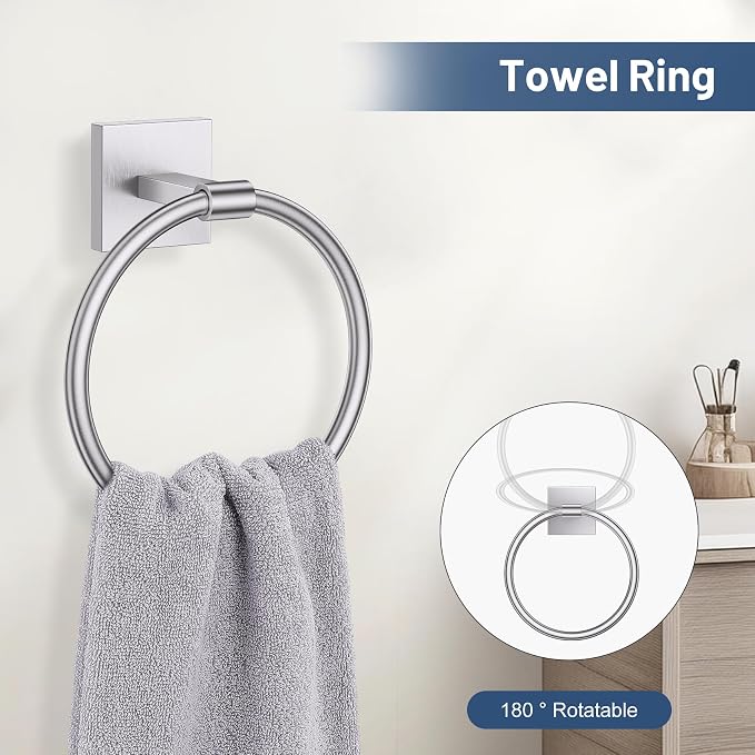 TURS Brushed Nickel 4-Pieces Towel Ring Set Include Towel Ring Toilet Paper Holder Towel Hook SUS304 Stainless Steel Bathroom Accessories Kit Wall Mounted