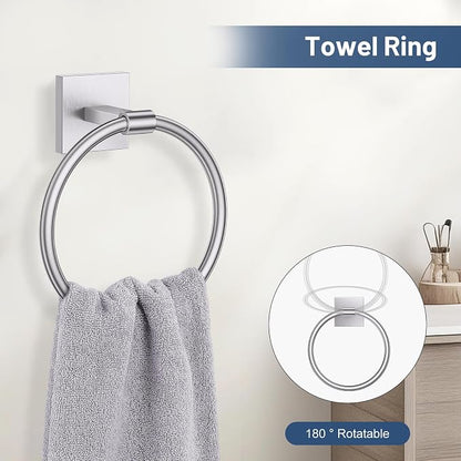 TURS Brushed Nickel 4-Pieces Towel Ring Set Include Towel Ring Toilet Paper Holder Towel Hook SUS304 Stainless Steel Bathroom Accessories Kit Wall Mounted