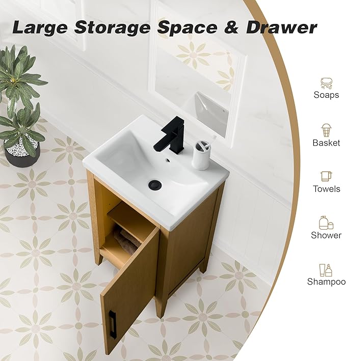 HomeBeyond 20 Inch Bathroom Vanity with Sink & Ceramic Top, Single Vanity Cabinet with Basin, Soft-Closing Doors & Matte Black Hardware, Natural Oak