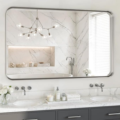 48X30 Inch Silver Metal Framed Bathroom Mirror for Wall,HD Tempered Glass | Matte Framed Rounded Rectangular Modern Mirrors for Over Sink, Anti-Rust, Farmhouse, Hangs Horizontally or Vertically
