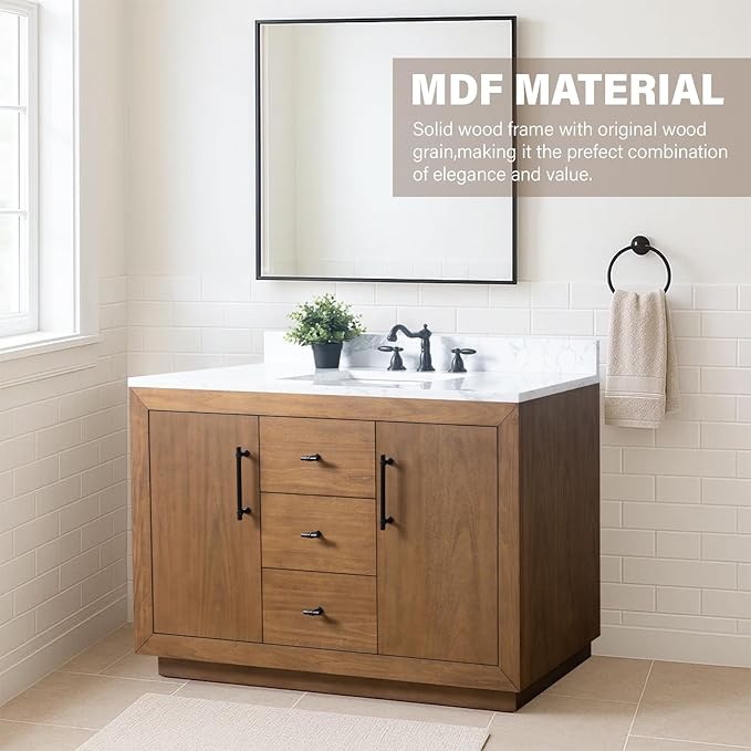 HOMEBEYOND 48" Bathroom Vanity with Single Sink & Ceramic Top, MDF Material Vanity Cabinet with Basin Combo, Soft-Closing Doors, Removable Shelf, Backsplash, Tan