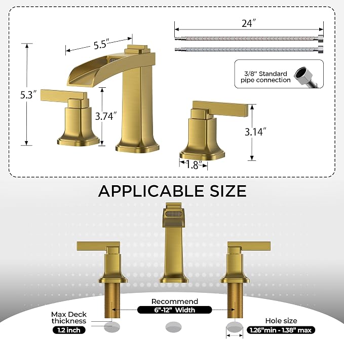 FORIOUS Brass Waterfall Brushed Gold Bathroom Faucets 3 Hole, Modern Widespread 8 Inch Bathroom Sink Faucet with Metal Pop-up Drain and Pre-Assembled Hose for Vanity, Restroom,Bathtub