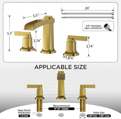 FORIOUS Brass Waterfall Brushed Gold Bathroom Faucets 3 Hole, Modern Widespread 8 Inch Bathroom Sink Faucet with Metal Pop-up Drain and Pre-Assembled Hose for Vanity, Restroom,Bathtub