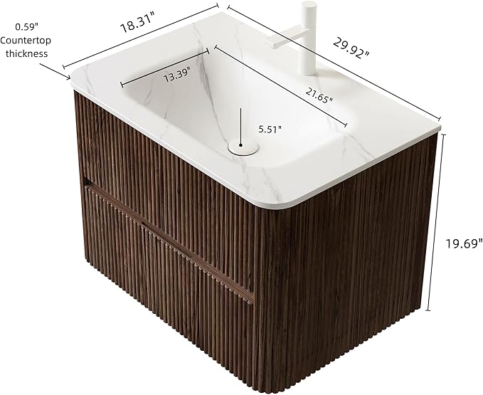30" Floating Bathroom Vanity with Sink, Wall Mounted Modern Bathroom Cabinet with 2 Soft Close Drawers, Oak & Plywood, Pre-Assembled with Carrara White Basin – Bruges, Retro Walnut/S
