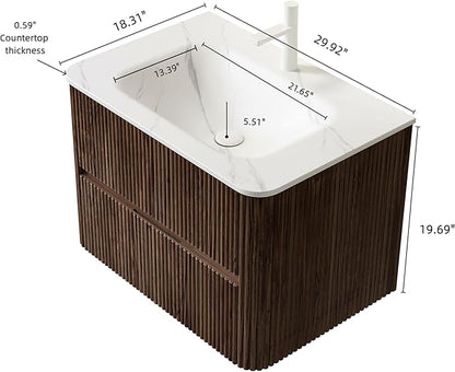 30" Floating Bathroom Vanity with Sink, Wall Mounted Modern Bathroom Cabinet with 2 Soft Close Drawers, Oak & Plywood, Pre-Assembled with Carrara White Basin – Bruges, Retro Walnut/S