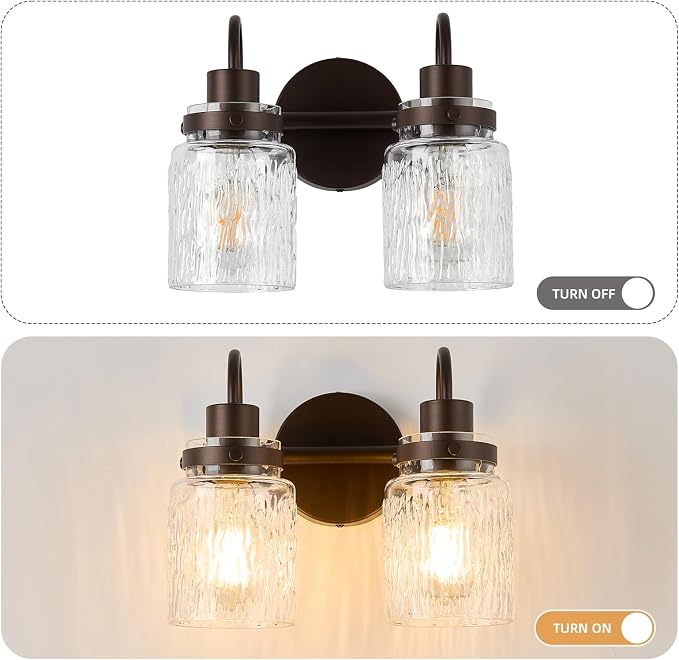 2 Lights Bathroom Vanity Light, Oil Rubbed Bronze Bathroom Light Fixtures with Hammered Glass Lampshade for Dressing Table,Over Mirror,Hallway