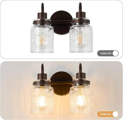 2 Lights Bathroom Vanity Light, Oil Rubbed Bronze Bathroom Light Fixtures with Hammered Glass Lampshade for Dressing Table,Over Mirror,Hallway