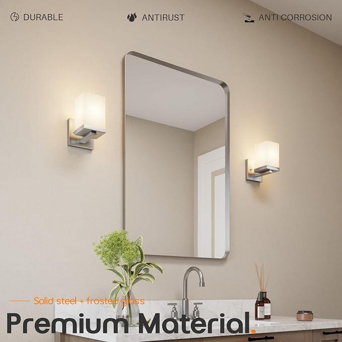 Bathroom Lighting Fixture Brushed Nickel Vanity Light with White Frosted Glass Shade, Wall Lamp Over Mirror for Bedroom Living Room Porch T003BR-L1