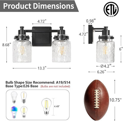 2 Light Bathroom Light Fixtures Farmhouse Black Vanity Lights | ETL Certificate, Easy to Install,Wall Mount Up or Down,Hammered Glass Lampshade,E26 Socket,Hardwired,120V