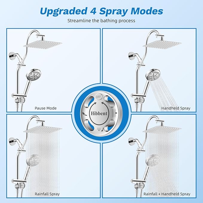 Hibbent High Pressue All Metal 10" Rainfall Shower Head, Handheld 10-Spray | cUPC Certified Chrome Dual Showerhead Combo, 4-way Diverter with Pause Mode, Brass Extension Arm, 71'' Shower Hose & Holder