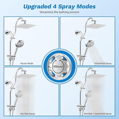 Hibbent High Pressue All Metal 10" Rainfall Shower Head, Handheld 10-Spray | cUPC Certified Chrome Dual Showerhead Combo, 4-way Diverter with Pause Mode, Brass Extension Arm, 71'' Shower Hose & Holder