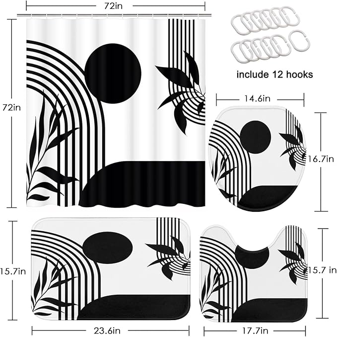 Bathroom Sets with Shower Curtain and Rugs, 4 Pcs, Boho Minimalist | Abstract Mid Century Geometric Bathroom Decor Set with Toilet Lid Cover, Non-Slip Bath Mats and 12 Hooks