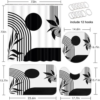 Bathroom Sets with Shower Curtain and Rugs, 4 Pcs, Boho Minimalist | Abstract Mid Century Geometric Bathroom Decor Set with Toilet Lid Cover, Non-Slip Bath Mats and 12 Hooks