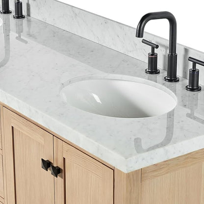 ARIEL Cambridge 72-inch Bathroom Vanity with Sink,Solid Wood, 1.5-inch Italian Carrara Marble Countertop, Double Oval Porcelain Sink, 4 Soft Closing Doors, 6 Dovetail Drawers, White Oak
