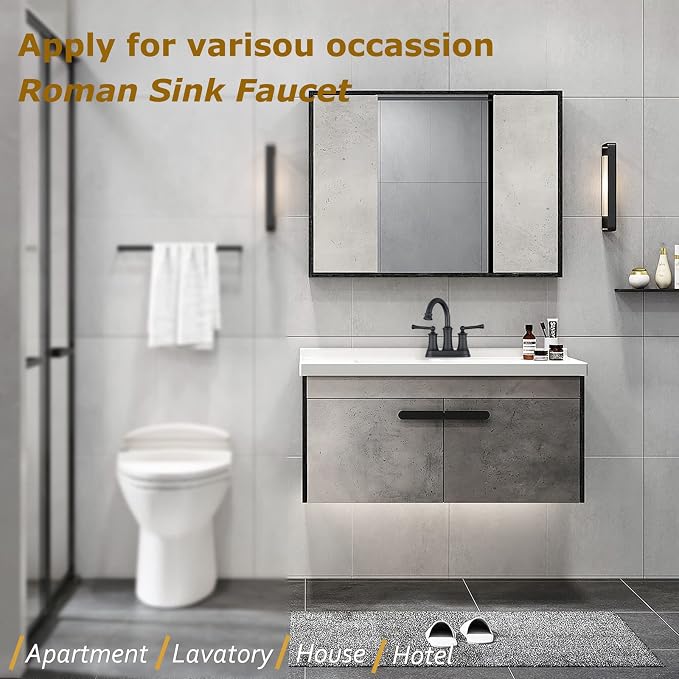 4 Inch Centerset Bathroom Faucet Matte Black,2 Handle Bathroom Faucet 3 Hole, Antique Brass Bathroom Faucet with Pop Up Drain Supply Hose for Vanity Lavatory RV Farmhouse(L2303-BK)