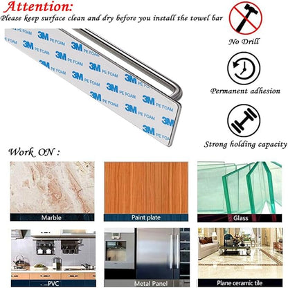 Sumnacon Towel Bar Rack with Hook, 13.38 Inch 3M Self Adhesive Stainless Steel Towel Holder Organizer for Bathroom Kitchen Bedroom, Brushed Finish (Towel Rack with Hook)