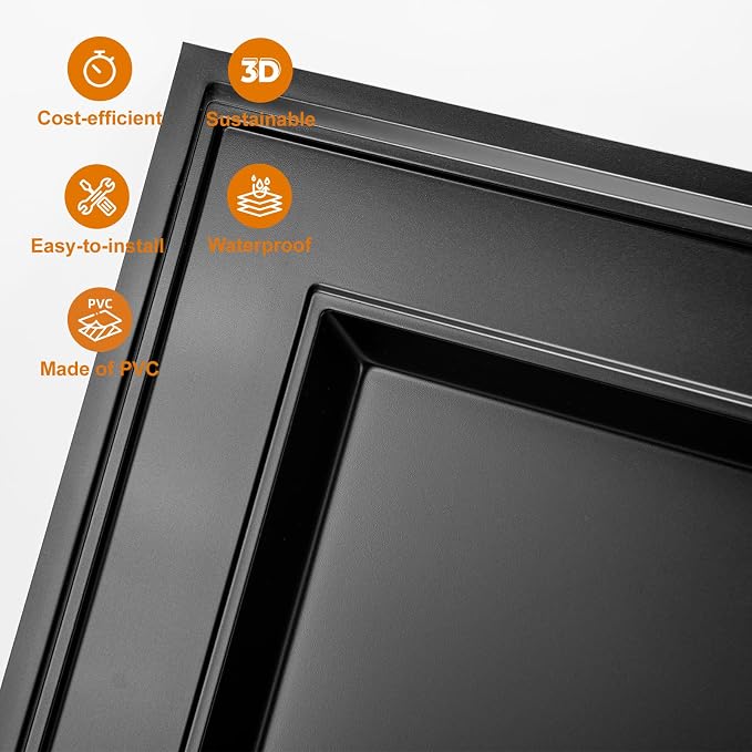WOWSTAR 12-Pack 2x4ft Drop Ceiling Tiles, Waterproof Glue up Ceiling Panels, Modern Style 3D Wall Panels, Black | PVC ceiling panels, 2x4 ft, waterproof, glue-up install, basement kitchen bathroom, 12-pack