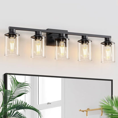 L LOHAS LED 5-Light Bathroom Light Fixtures Over Mirror, Black Bathroom Vanity Lights with Clear Glass Shade, Modern Vanity Lights for Bathroom Living Room Hallway Bedroom | Clear Glass Shades; Modern Light Fixture for Bathrooms, Living Rooms, Hallways...