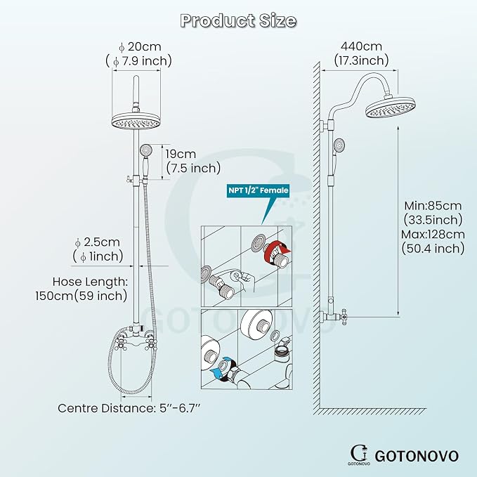 gotonovo Exposed Shower Faucet Set Luxury,Brushed Nickel,Curved Arc Rod | Bathroom 8” Shower Head with Handheld Spray System Fixtures,Vintage Two Cross Handle,Wall Mount,for 5-6.7" Hole,Adjust Height