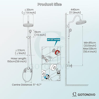 gotonovo Exposed Shower Faucet Set Luxury,Brushed Nickel,Curved Arc Rod | Bathroom 8” Shower Head with Handheld Spray System Fixtures,Vintage Two Cross Handle,Wall Mount,for 5-6.7" Hole,Adjust Height