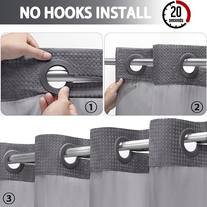 No Hook Shower Curtain with Liner Set Hotel Waffle Dark Grey 72W X 81L | Washable Snap in Fabric Liner, Mesh Top Window, Waffle Hotel Style Shower Curtain Set