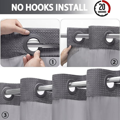 No Hook Shower Curtain and Liner Set,Dark Grey Hotel Waffle Shower Curtain with Liner 75" L x 72" W