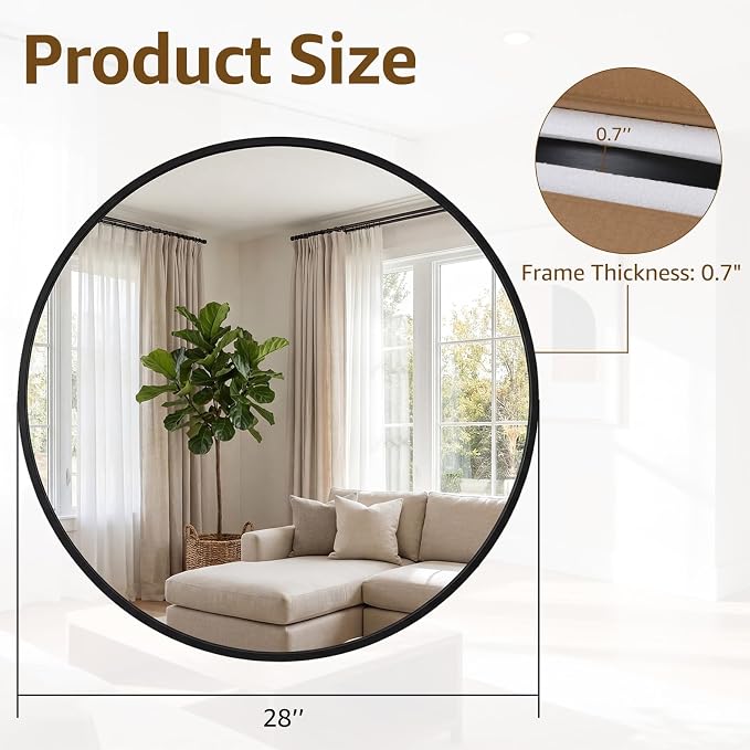 DUMOS 28 Inch Round Wall Mirror, Bathroom Mirrors for Over Sink | Matte Metal Framed Circle Mirror, Wall Decor for Bedroom, Entryway, Anti-Rust, Tempered Glass, Hanging or Leaning, Black