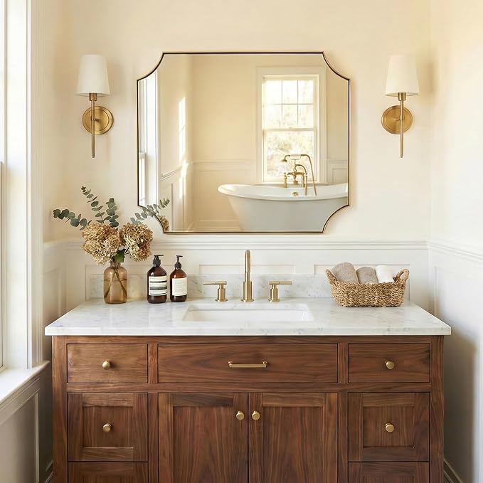 36"x40" Large Bathroom Mirror, Brushed Gold Vanity Mirror, Scalloped Rectangle Mirror in Anti-Rust Stainless Steel Thin Frame, Aesthetic Scalloped Corner Design, Ideal for Home Remodel