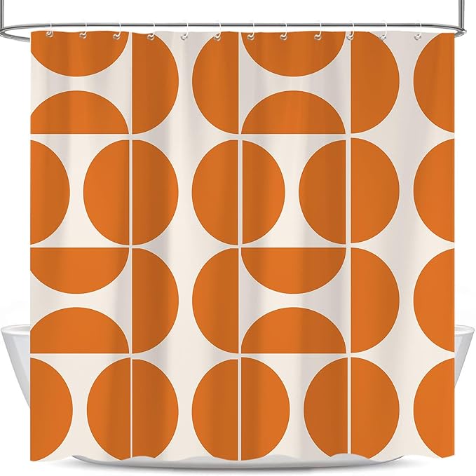 Orange Mid Century Modern Shower Curtain, Boho Abstract Geometric Retro Art Bath Curtains For Bathroom, Colorful Unique Pattern Waterproof Polyester Fabric Bathroom Accessories Set 12 Hooks 72X78IN