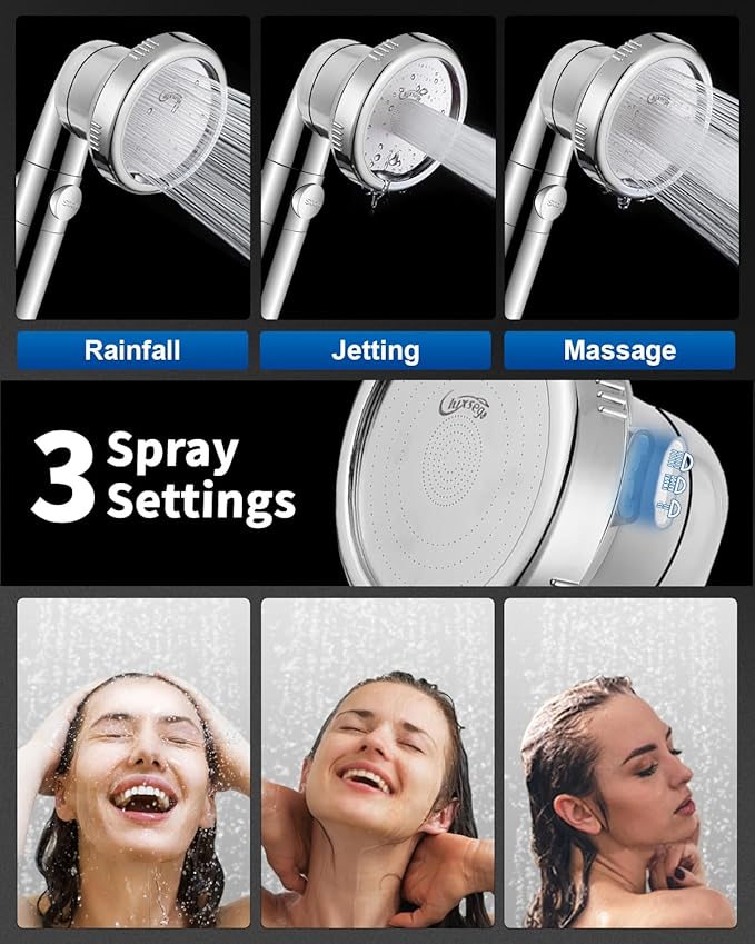 Filtered Shower Head for Hard Water with Stop, High Pressure 4-Mode Shower Heads Built-in Power Spray to Clean Corner, Tub & Pets, Water Softener Handheld Shower to Remove Chlorine & Fluoride | 4 Modes Shower with Handheld Spray, Water Softener, with M...