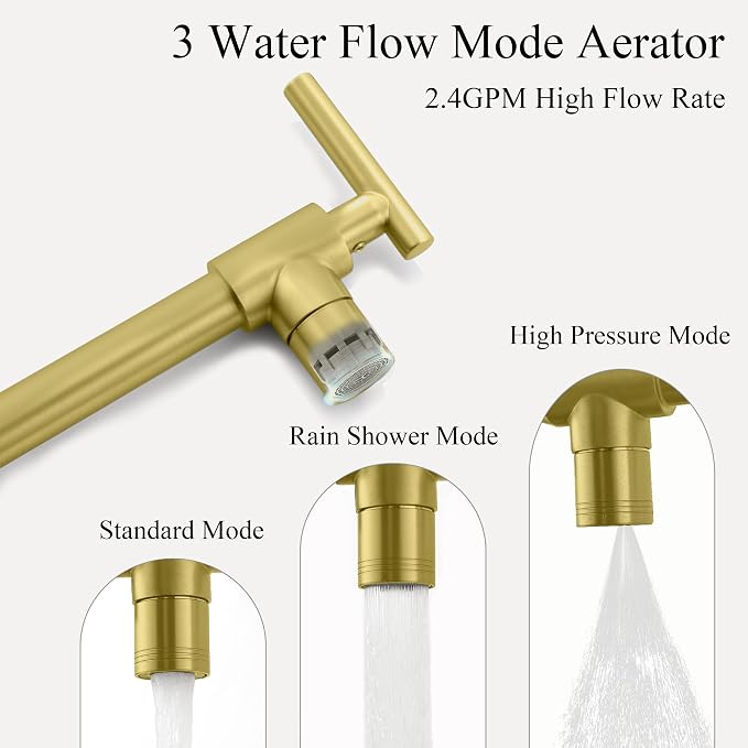 Pot Filler Faucets - for Kitchen, Sink, Stove and Bar with Brass Wall Mount Double Joint Swing Arms - Leak Free Designs with High-Flow Aerators - Retractable and Folding Save Space - Brushed Gold