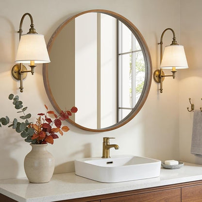 Round Wood Mirror, 36" Round Modern Decoration Large Circle Wall Mirror for Bathroom Living Room Bedroom Entryway, Walnut