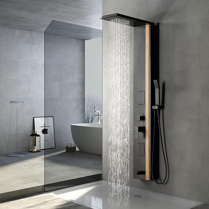 BWE Shower Tower Bathroom Shower Panel System Stainless Steel Multi-Function Shower Panel with Rainfall Waterfall Shower Head Massage Jets Tub Spout, Black