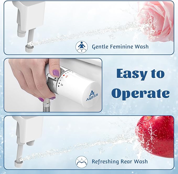 Dual Nozzles Bidet, ANBSR Ultra-Slim Bidet Attachment for Toilet (Feminine/Posterior Wash) Non-Electric Cold Water Toilet Seat Bidet with Adjustable Pressure Control