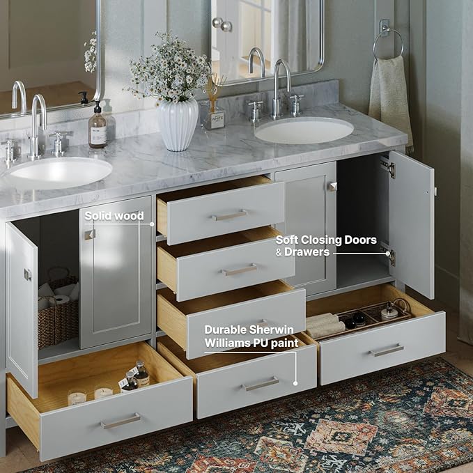 ARIEL Cambridge 72-inch Bathroom Vanity with Sink,Solid Wood, 1.5-inch Italian Carrara Marble Countertop & Backsplash, Double Oval Porcelain Sink, 4 Soft Closing Doors, 6 Dovetail Drawers, Grey